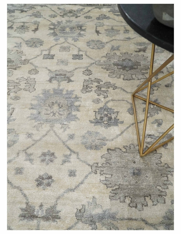 Ivory, Silver and Charcoal 8x10 Hand Knotted All Bamboo Silk Fine Oushak Area Rug - The Rug Decor