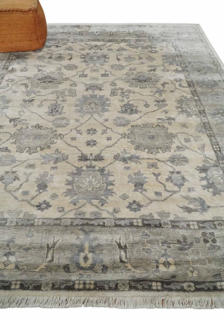 Ivory, Silver and Charcoal 8x10 Hand Knotted All Bamboo Silk Fine Oushak Area Rug - The Rug Decor