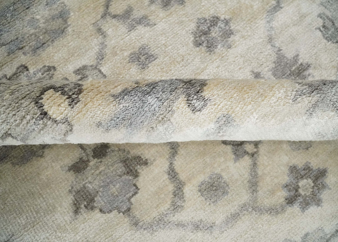 Ivory, Silver and Charcoal 8x10 Hand Knotted All Bamboo Silk Fine Oushak Area Rug - The Rug Decor