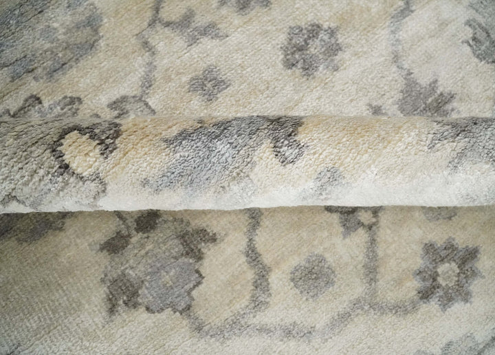 Ivory, Silver and Charcoal 8x10 Hand Knotted All Bamboo Silk Fine Oushak Area Rug - The Rug Decor