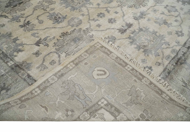 Ivory, Silver and Charcoal 8x10 Hand Knotted All Bamboo Silk Fine Oushak Area Rug - The Rug Decor