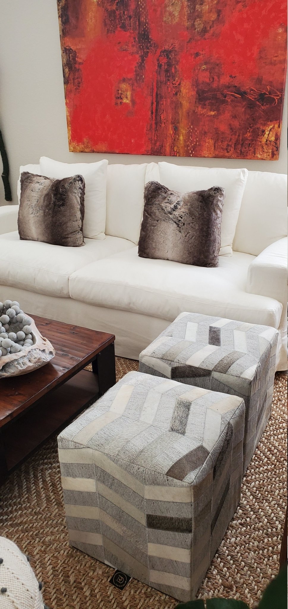 Ivory, Silver and Gray Square Leather Pouf Ottoman, Chevron Pouf, Footstool, Side table, Seat , Foot Rest, Living Room, Bedroom | TRD107 - The Rug Decor