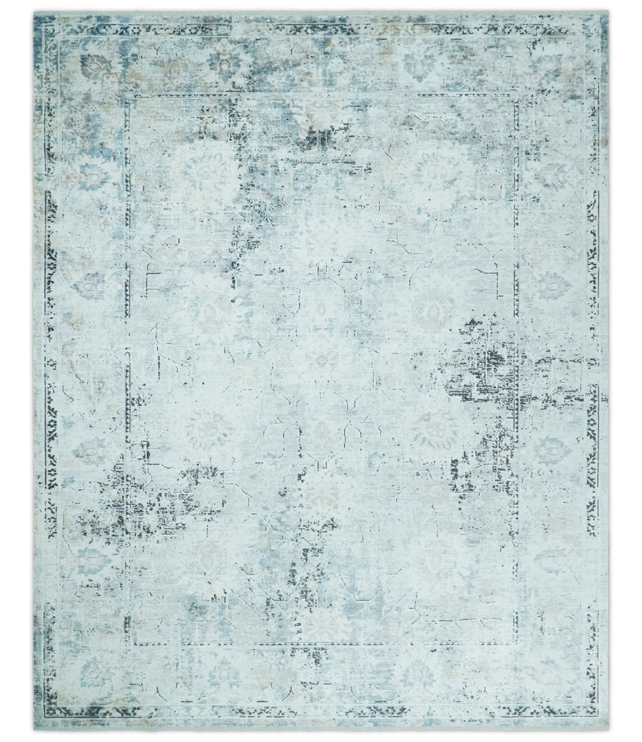 Ivory, Silver, Blue and Beige Finish, Vintage Design , Modern Abstract Art Silk Area Rug, Living Room Rug | TRDMM5 - The Rug Decor