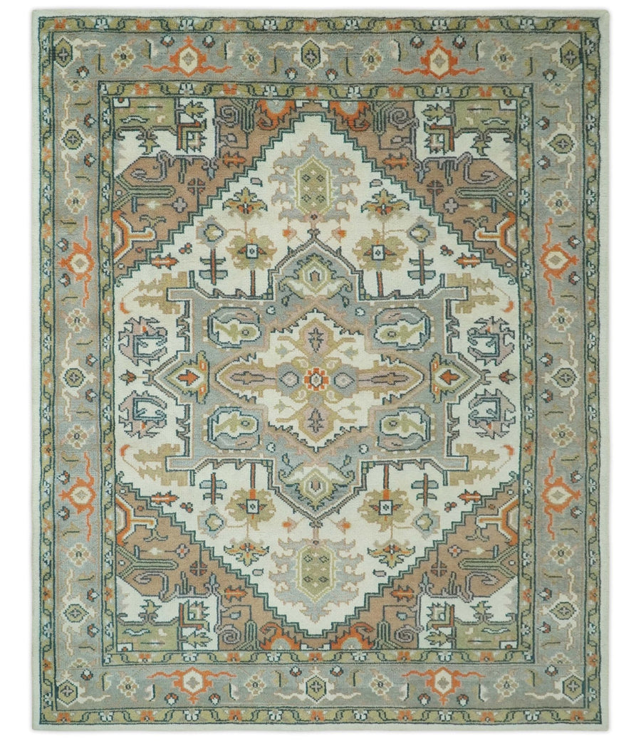 Ivory, Silver, Peach and Olive Traditional Heriz Hand Knotted Multi Size wool Area Rug - The Rug Decor