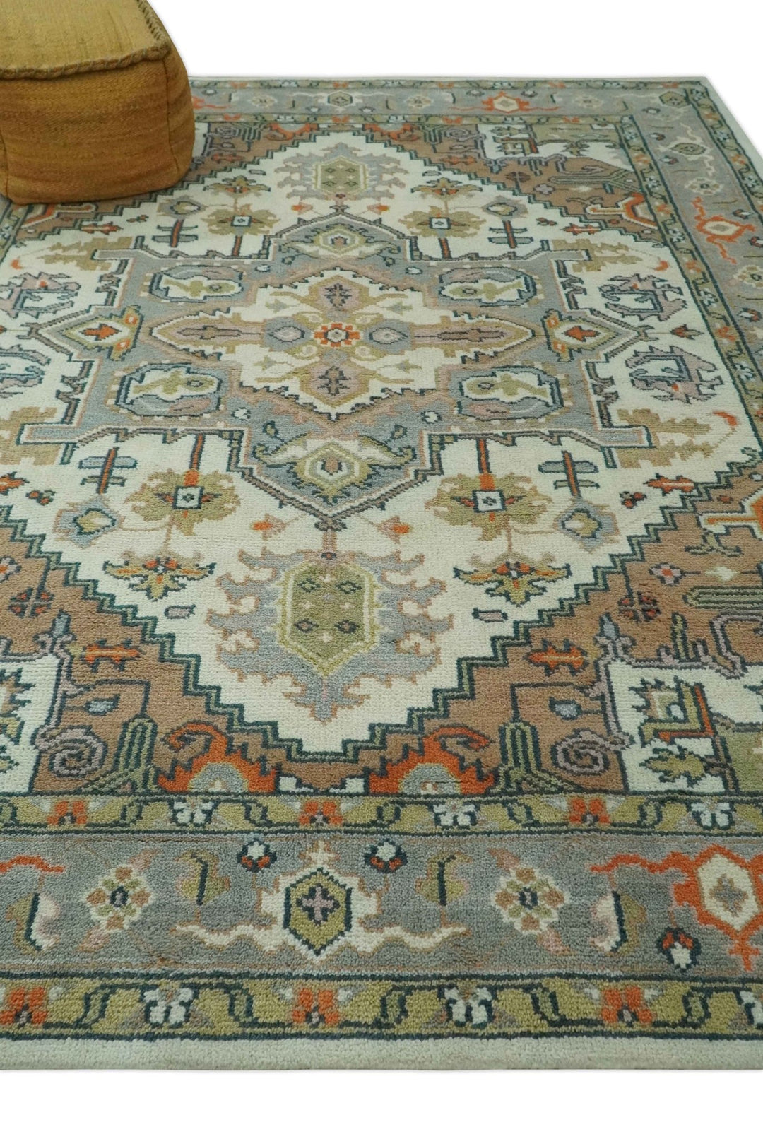 Ivory, Silver, Peach and Olive Traditional Heriz Hand Knotted Multi Size wool Area Rug - The Rug Decor
