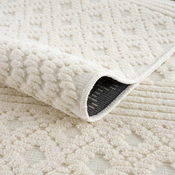 Ivory Texture Tribal Trellis Washable High Low Pile Area Rug - The Rug Decor