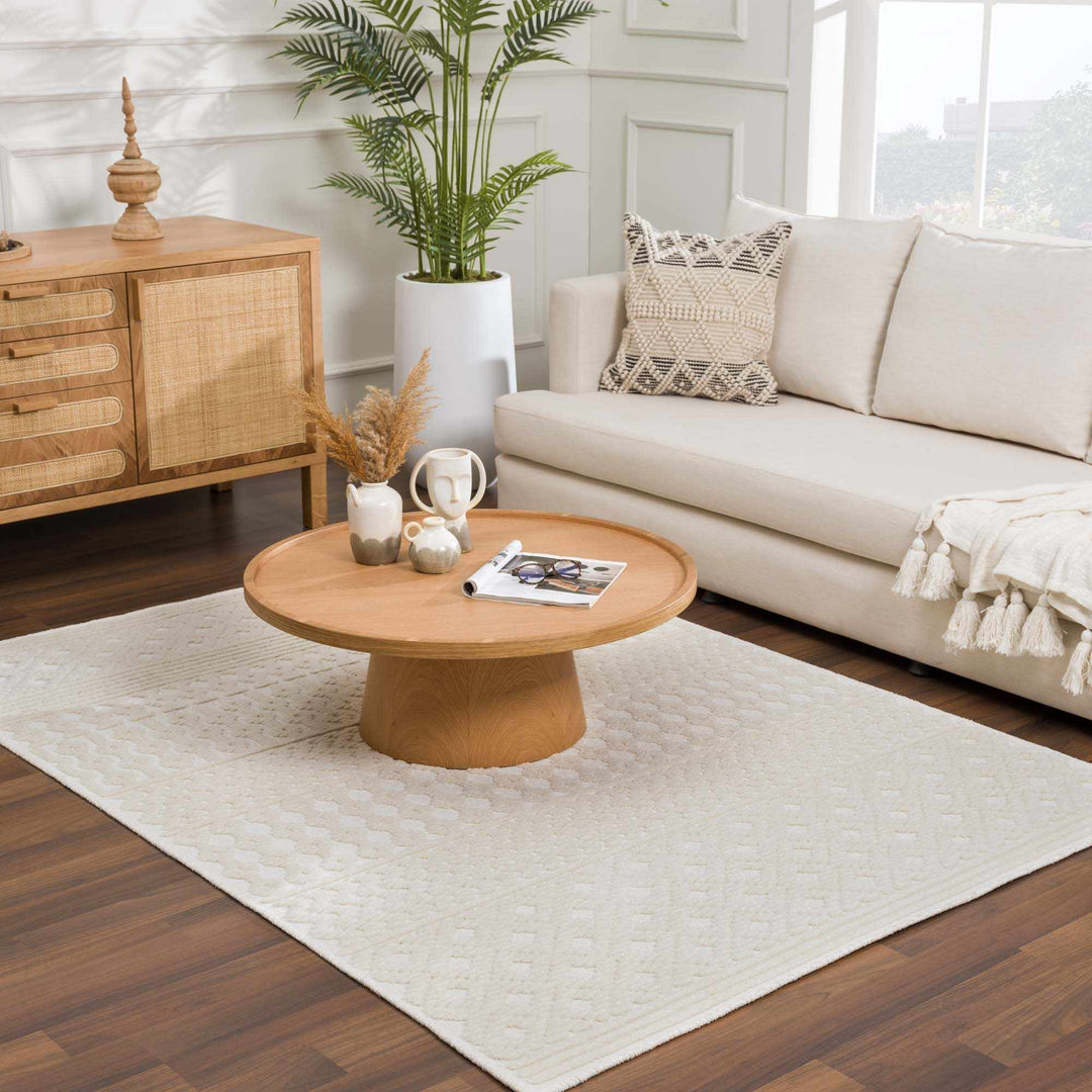 Ivory Texture Tribal Trellis Washable High Low Pile Area Rug - The Rug Decor