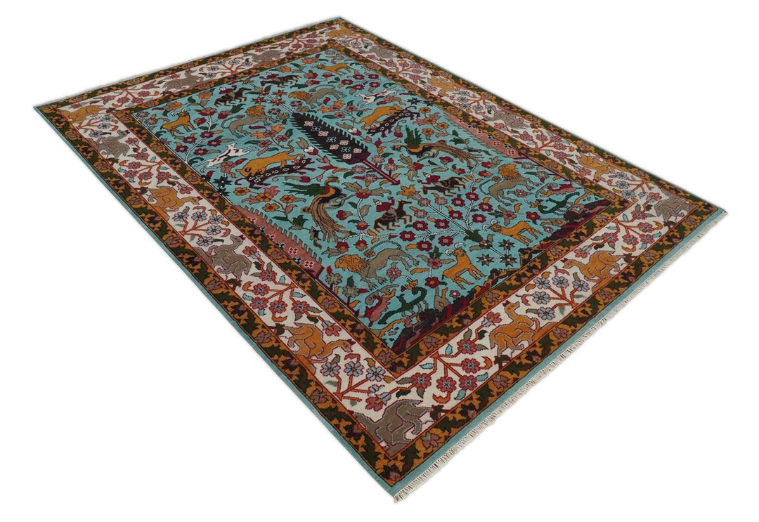 Jungle Animal Tree of Life 9x12 Hand Knotted Blue, Gold and Ivory Traditional Vintage Persian Style Antique Wool Rug | TRDCP843912 - The Rug Decor