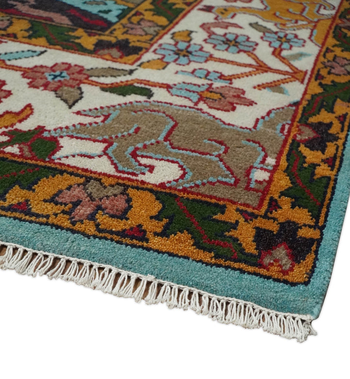 Jungle Animal Tree of Life 9x12 Hand Knotted Blue, Gold and Ivory Traditional Vintage Persian Style Antique Wool Rug | TRDCP843912 - The Rug Decor