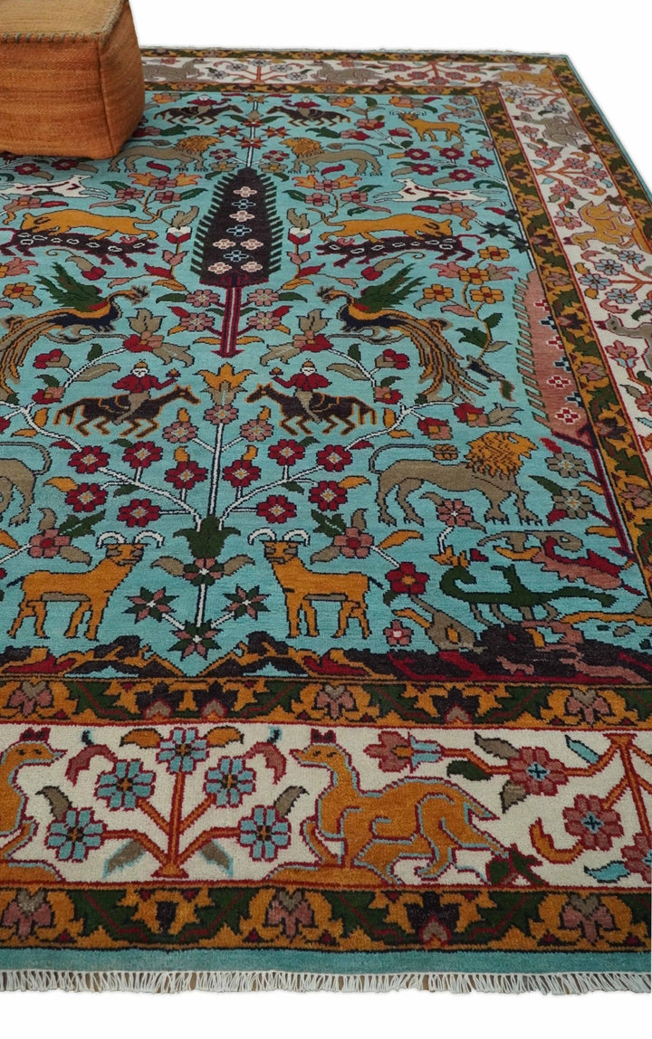 Jungle Animal Tree of Life 9x12 Hand Knotted Blue, Gold and Ivory Traditional Vintage Persian Style Antique Wool Rug | TRDCP843912 - The Rug Decor