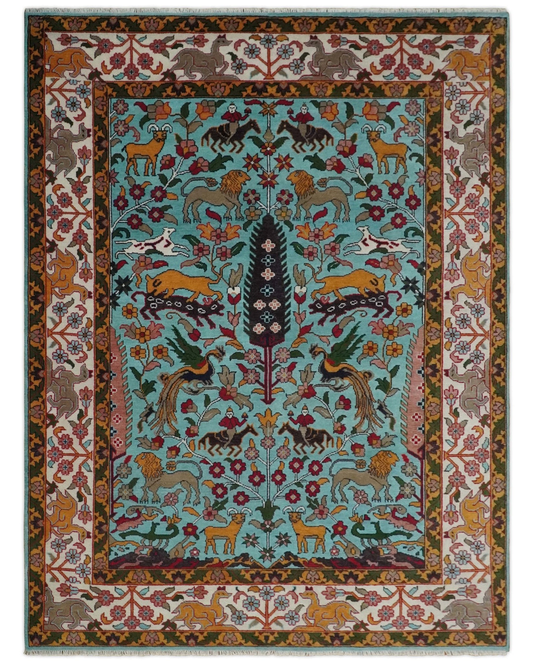 Jungle Animal Tree of Life 9x12 Hand Knotted Blue, Gold and Ivory Traditional Vintage Persian Style Antique Wool Rug | TRDCP843912 - The Rug Decor