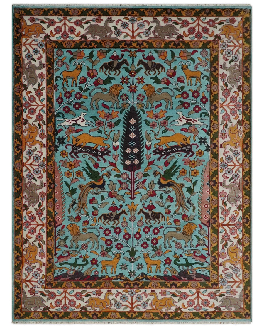 Jungle Animal Tree of Life 9x12 Hand Knotted Blue, Gold and Ivory Traditional Vintage Persian Style Antique Wool Rug | TRDCP843912 - The Rug Decor