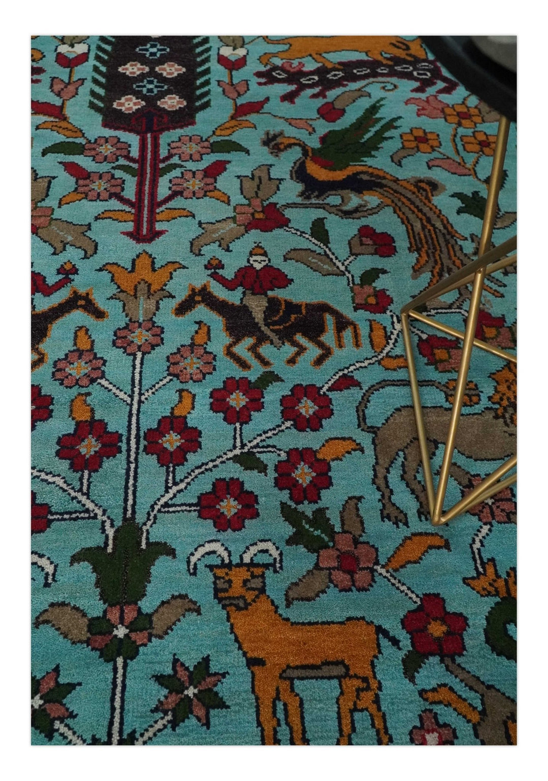 Jungle Animal Tree of Life 9x12 Hand Knotted Blue, Gold and Ivory Traditional Vintage Persian Style Antique Wool Rug | TRDCP843912 - The Rug Decor