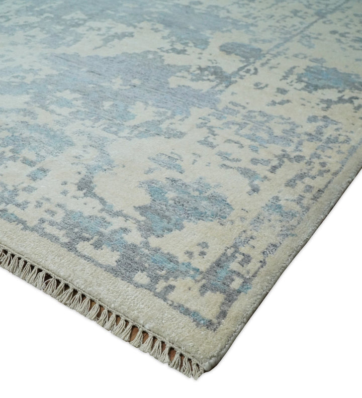 Large 8x10 Fine Hand Knotted Blue and Beige Abstract Traditional Persian Style Antique Bamboo Silk Rug | TRDCP501810 - The Rug Decor
