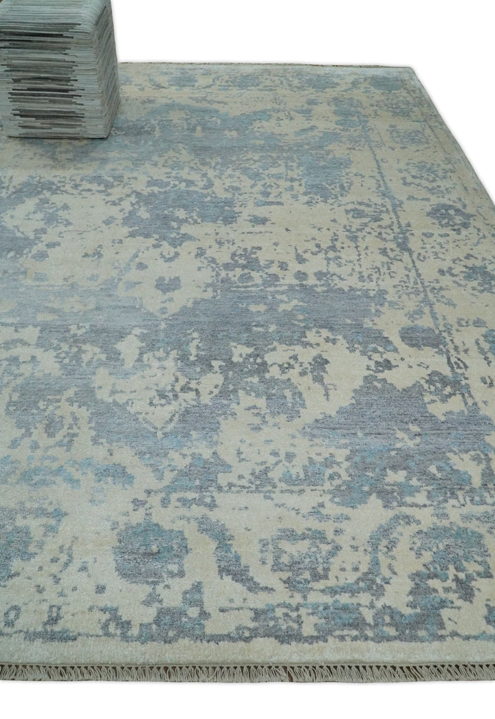 Large 8x10 Fine Hand Knotted Blue and Beige Abstract Traditional Persian Style Antique Bamboo Silk Rug | TRDCP501810 - The Rug Decor