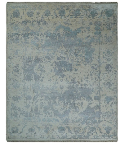 Large 8x10 Fine Hand Knotted Blue and Beige Abstract Traditional Persian Style Antique Bamboo Silk Rug | TRDCP501810 - The Rug Decor