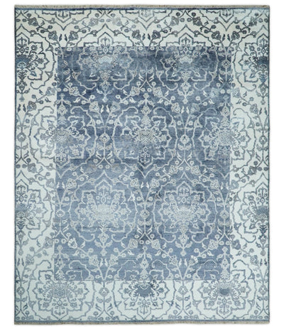 Large 8x10 Fine Hand Knotted Blue and Ivory Traditional Vintage Persian Style Antique Bamboo Silk Rug | TRDCP513810 - The Rug Decor