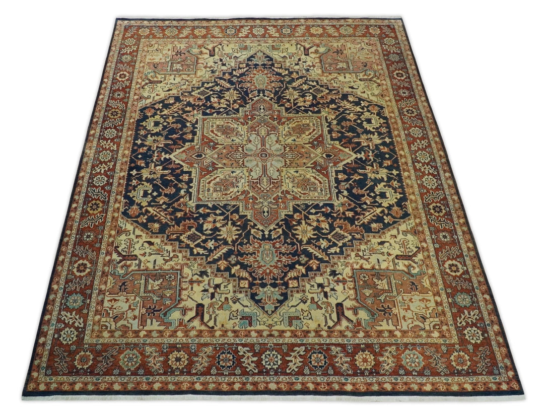 Large 8x10 Fine Hand Knotted Blue and Rust Traditional Vintage Heriz Serapi Antique Wool Rug | TRDCP479810 - The Rug Decor