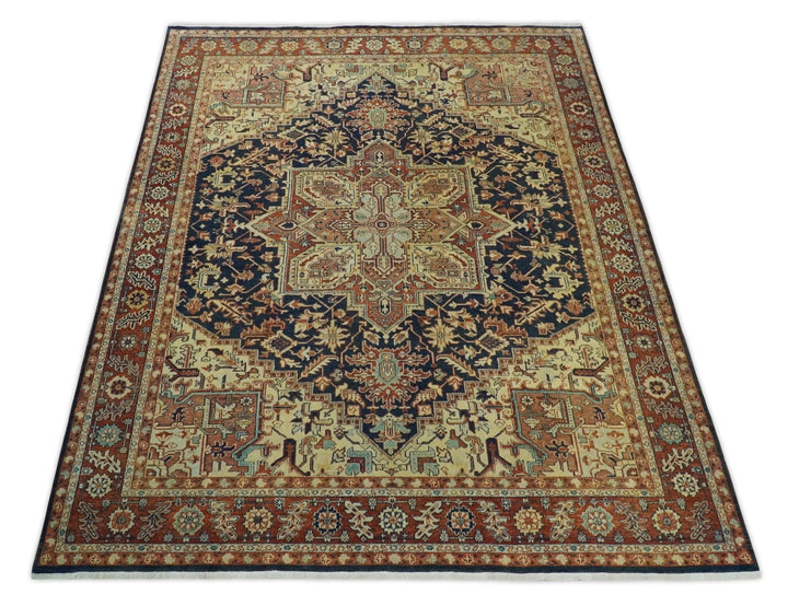 Large 8x10 Fine Hand Knotted Blue and Rust Traditional Vintage Heriz Serapi Antique Wool Rug | TRDCP479810 - The Rug Decor