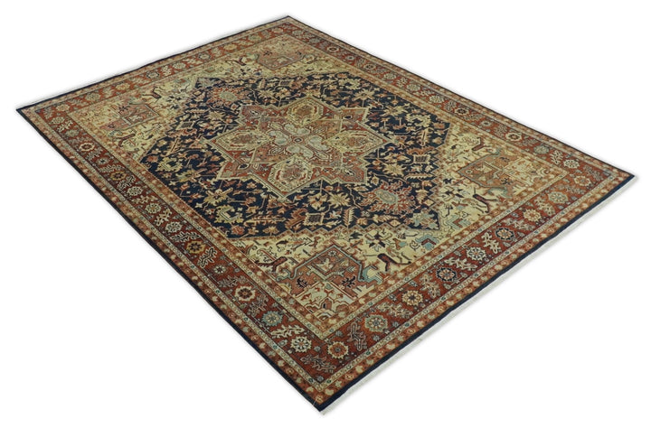 Large 8x10 Fine Hand Knotted Blue and Rust Traditional Vintage Heriz Serapi Antique Wool Rug | TRDCP479810 - The Rug Decor
