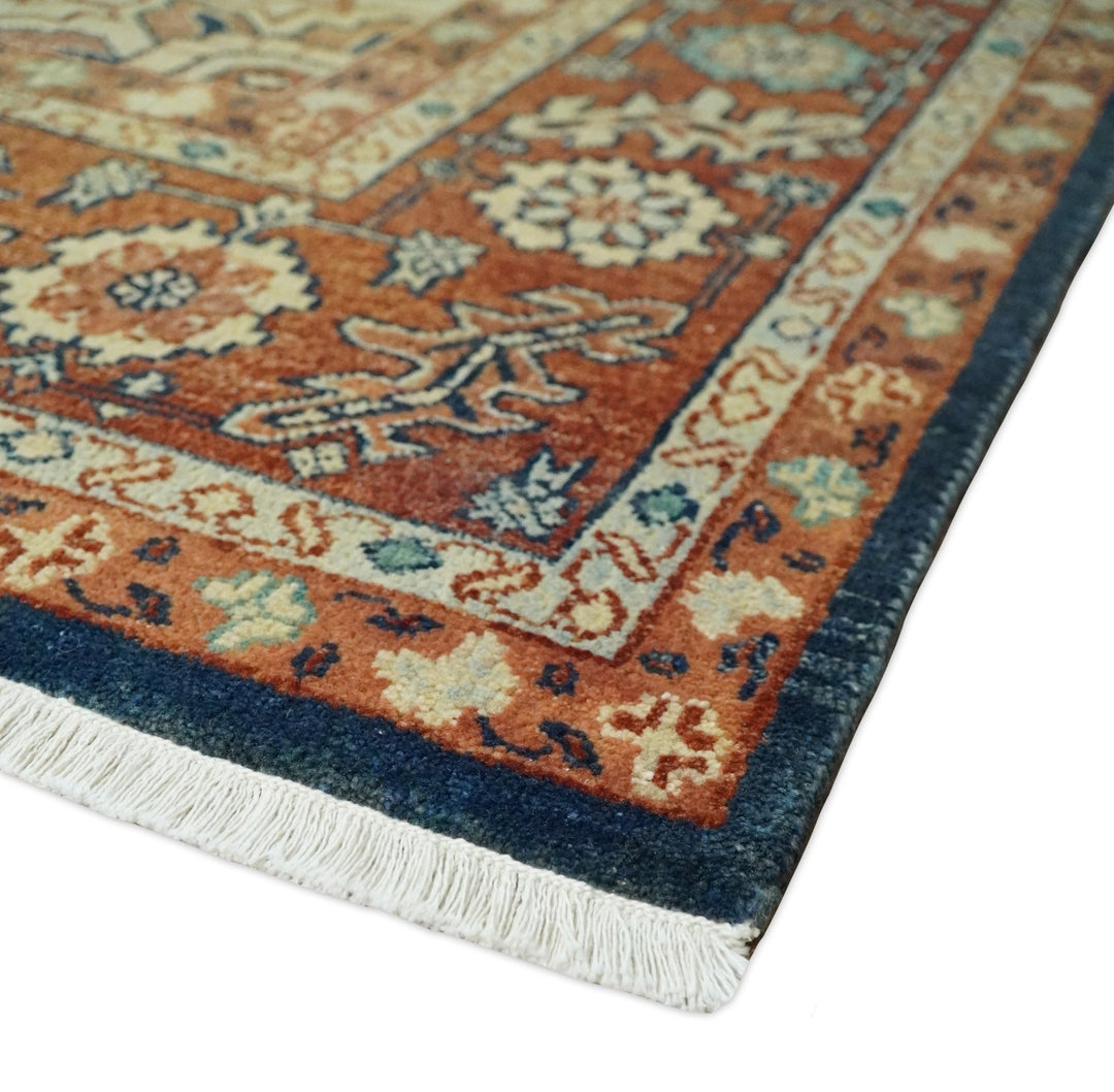Large 8x10 Fine Hand Knotted Blue and Rust Traditional Vintage Heriz Serapi Antique Wool Rug | TRDCP479810 - The Rug Decor
