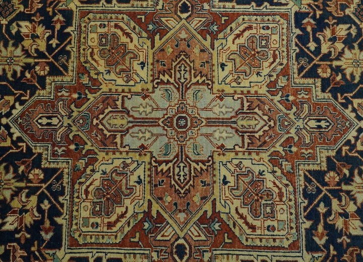 Large 8x10 Fine Hand Knotted Blue and Rust Traditional Vintage Heriz Serapi Antique Wool Rug | TRDCP479810 - The Rug Decor