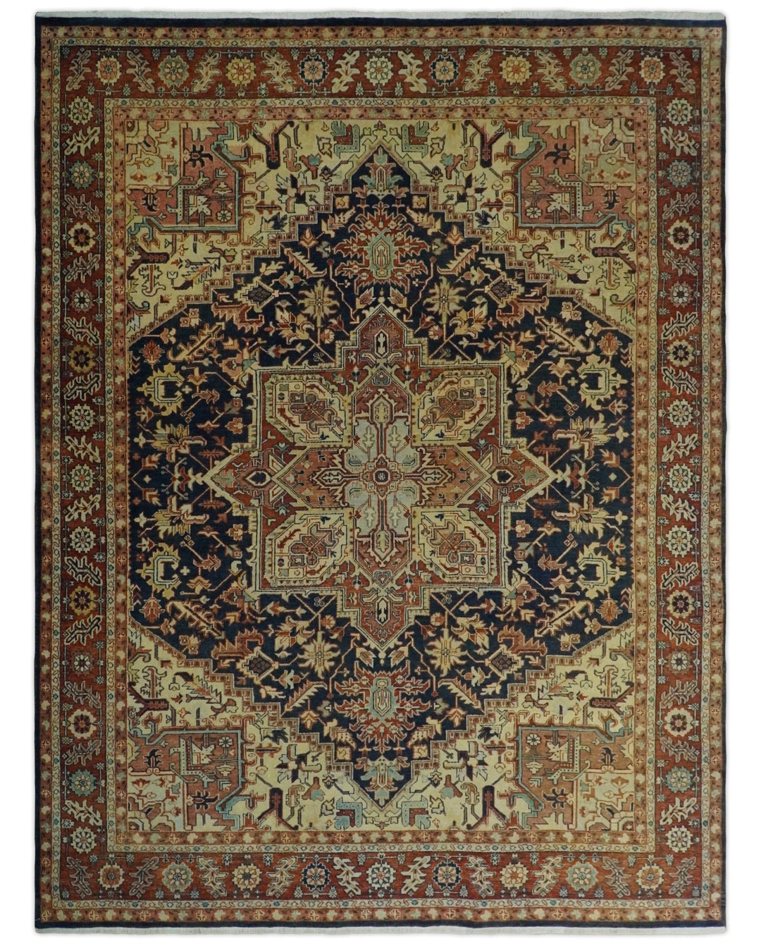 Large 8x10 Fine Hand Knotted Blue and Rust Traditional Vintage Heriz Serapi Antique Wool Rug | TRDCP479810 - The Rug Decor