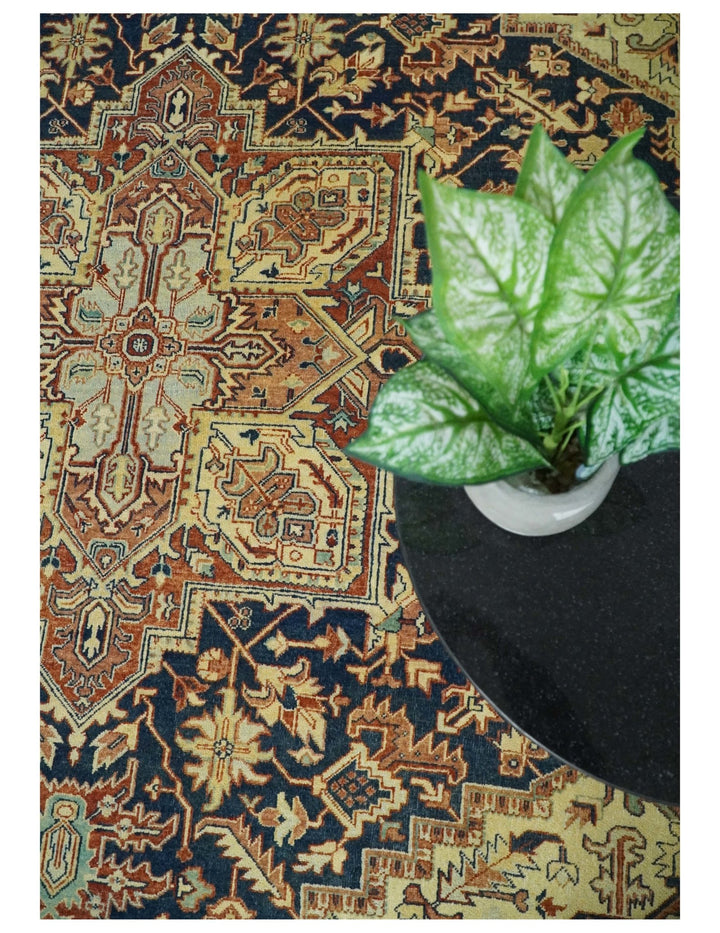 Large 8x10 Fine Hand Knotted Blue and Rust Traditional Vintage Heriz Serapi Antique Wool Rug | TRDCP479810 - The Rug Decor
