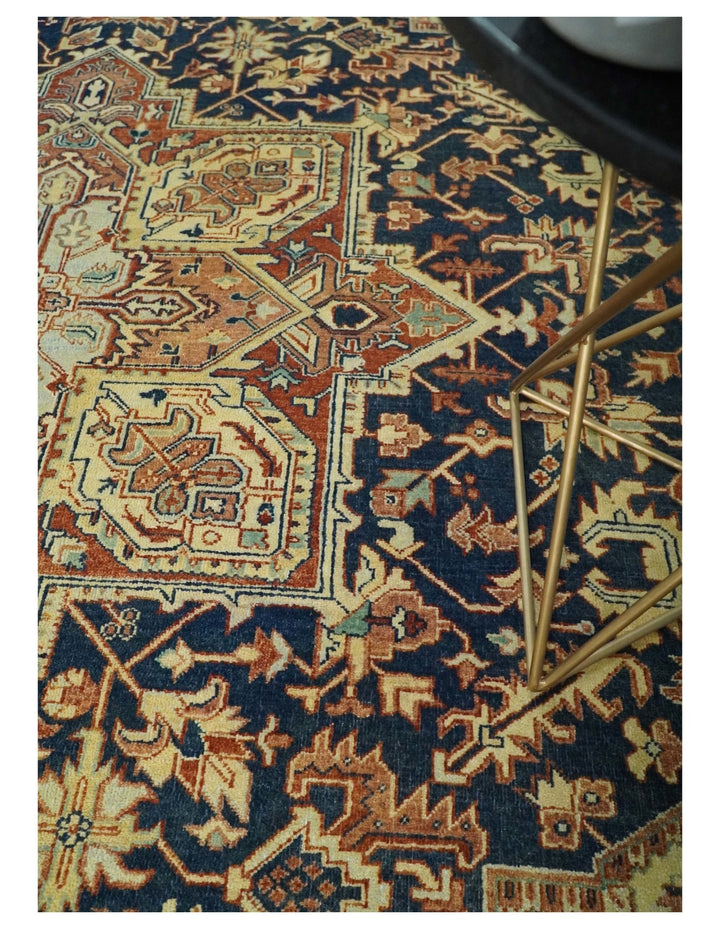 Large 8x10 Fine Hand Knotted Blue and Rust Traditional Vintage Heriz Serapi Antique Wool Rug | TRDCP479810 - The Rug Decor
