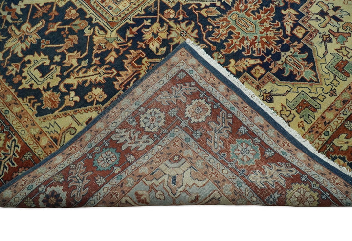 Large 8x10 Fine Hand Knotted Blue and Rust Traditional Vintage Heriz Serapi Antique Wool Rug | TRDCP479810 - The Rug Decor