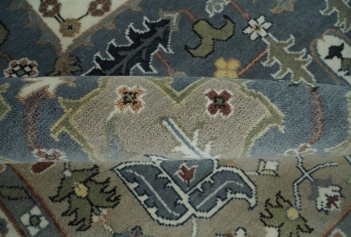 Large 9x12 Living Room Wool Rug, Hand Knotted Ivory, Charcoal and Olive Traditional Design - The Rug Decor