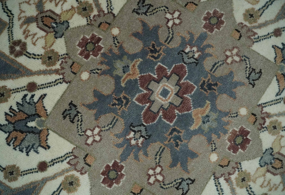 Large 9x12 Living Room Wool Rug, Hand Knotted Ivory, Charcoal and Olive Traditional Design - The Rug Decor