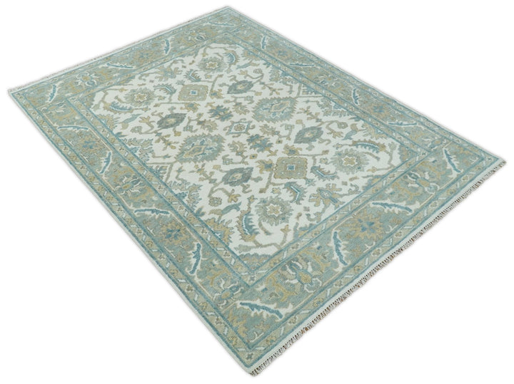 Large Hand Knotted 8x10 and 9x12 Oriental Oushak Silver and Ivory Wool Area Rug | TRDCP164 - The Rug Decor