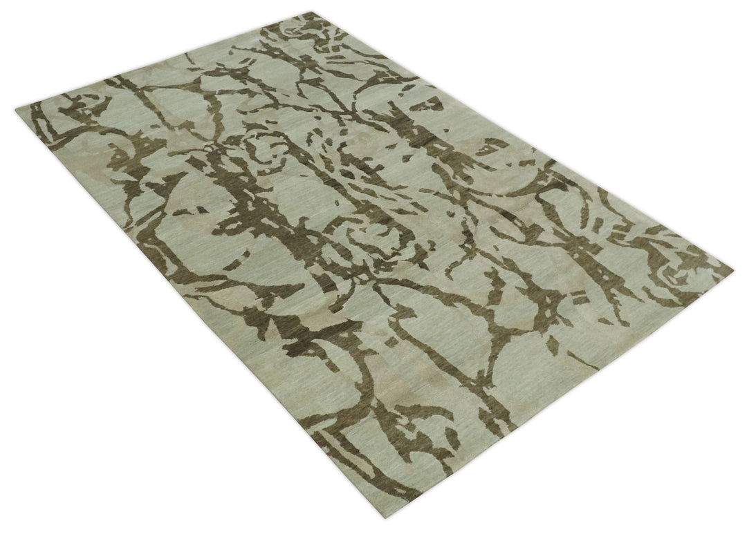 Light and Dark olive Modern Abstract 5x8 Hand Knotted Wool and Silk Area Rug - The Rug Decor