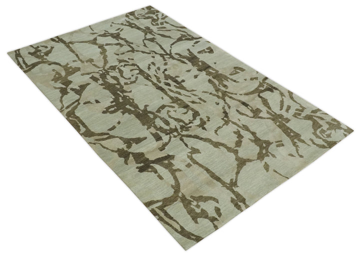 Light and Dark olive Modern Abstract 5x8 Hand Knotted Wool and Silk Area Rug - The Rug Decor