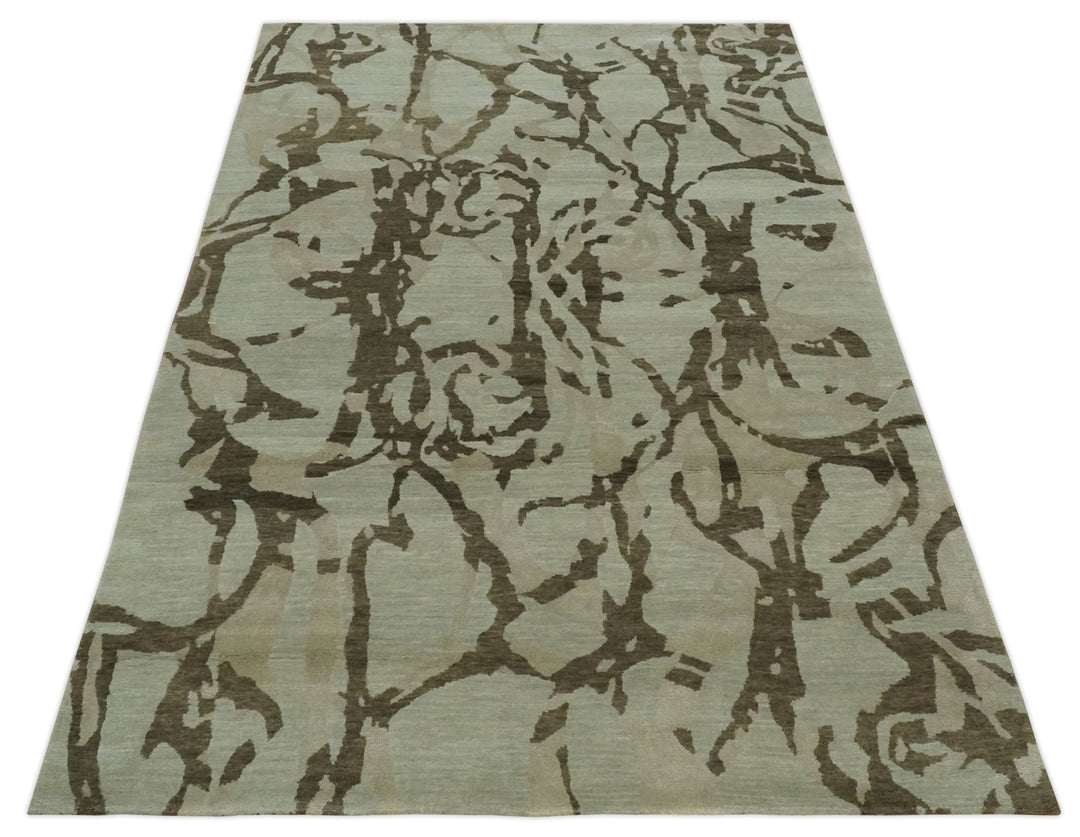 Light and Dark olive Modern Abstract 5x8 Hand Knotted Wool and Silk Area Rug - The Rug Decor