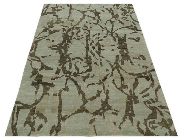 Light and Dark olive Modern Abstract 5x8 Hand Knotted Wool and Silk Area Rug - The Rug Decor