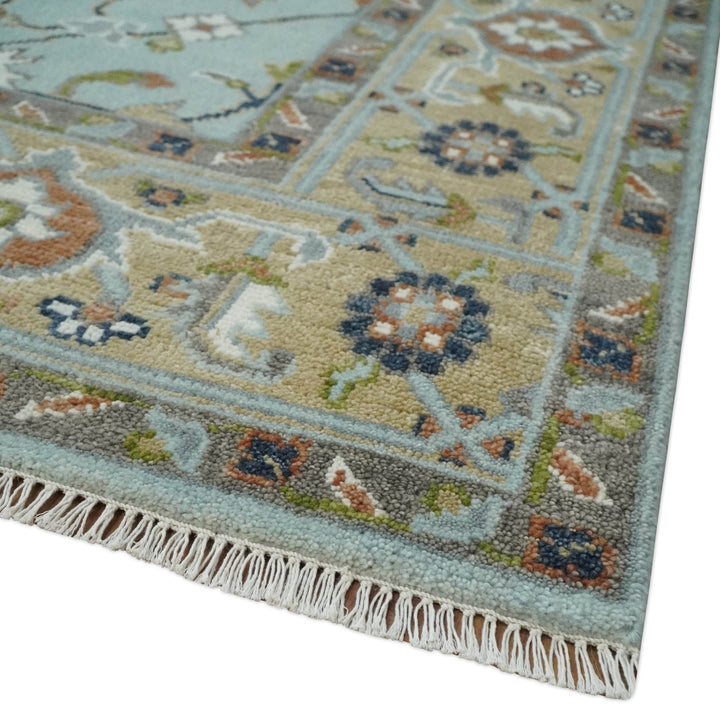 Light Blue and Camel 8x10 Hand Knotted Traditional Floral Oushak Rug - The Rug Decor