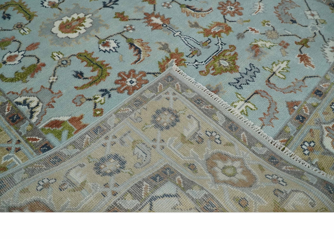 Light Blue and Camel 8x10 Hand Knotted Traditional Floral Oushak Rug - The Rug Decor
