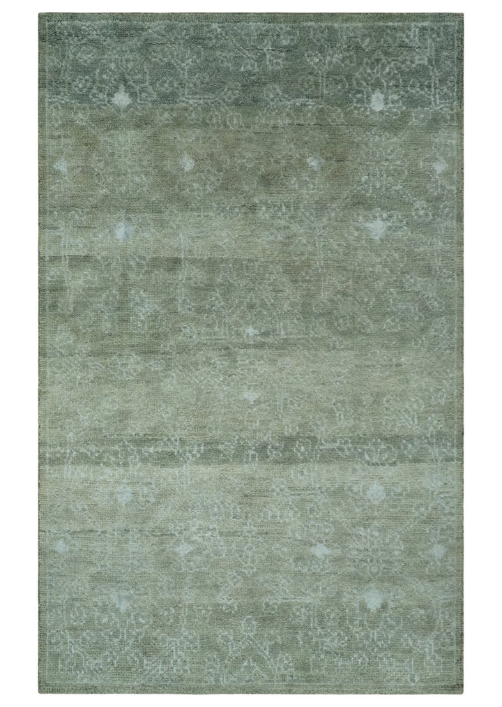 Light Green and Silver Traditional Large design 5x8 Hand Knotted wool and Art Silk Area Rug - The Rug Decor