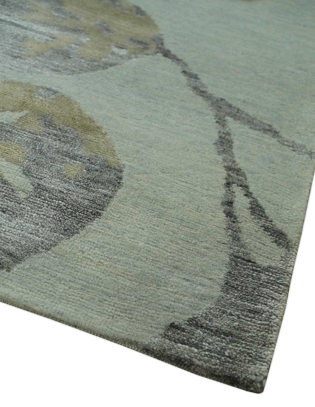 Light Green, Charcoal and Olive Leaf Design 6x9 Hand loom Wool and Viscose Area Rug - The Rug Decor
