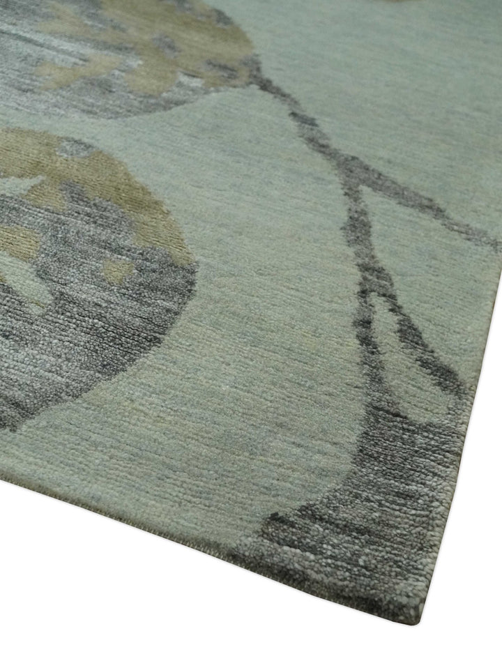 Light Green, Charcoal and Olive Leaf Design 6x9 Hand loom Wool and Viscose Area Rug - The Rug Decor