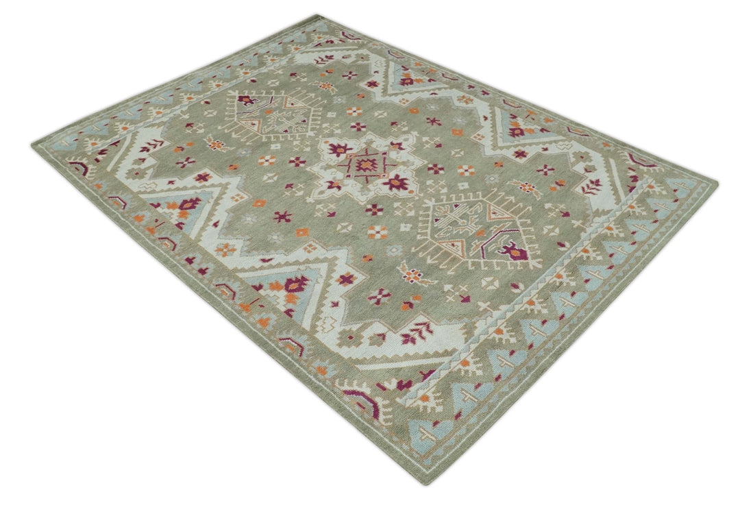 Light Green, Ivory and Maroon Traditional Hand knotted Custom Made wool Area Rug - The Rug Decor