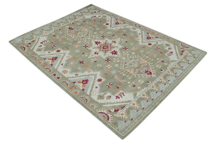 Light Green, Ivory and Maroon Traditional Hand knotted Custom Made wool Area Rug - The Rug Decor