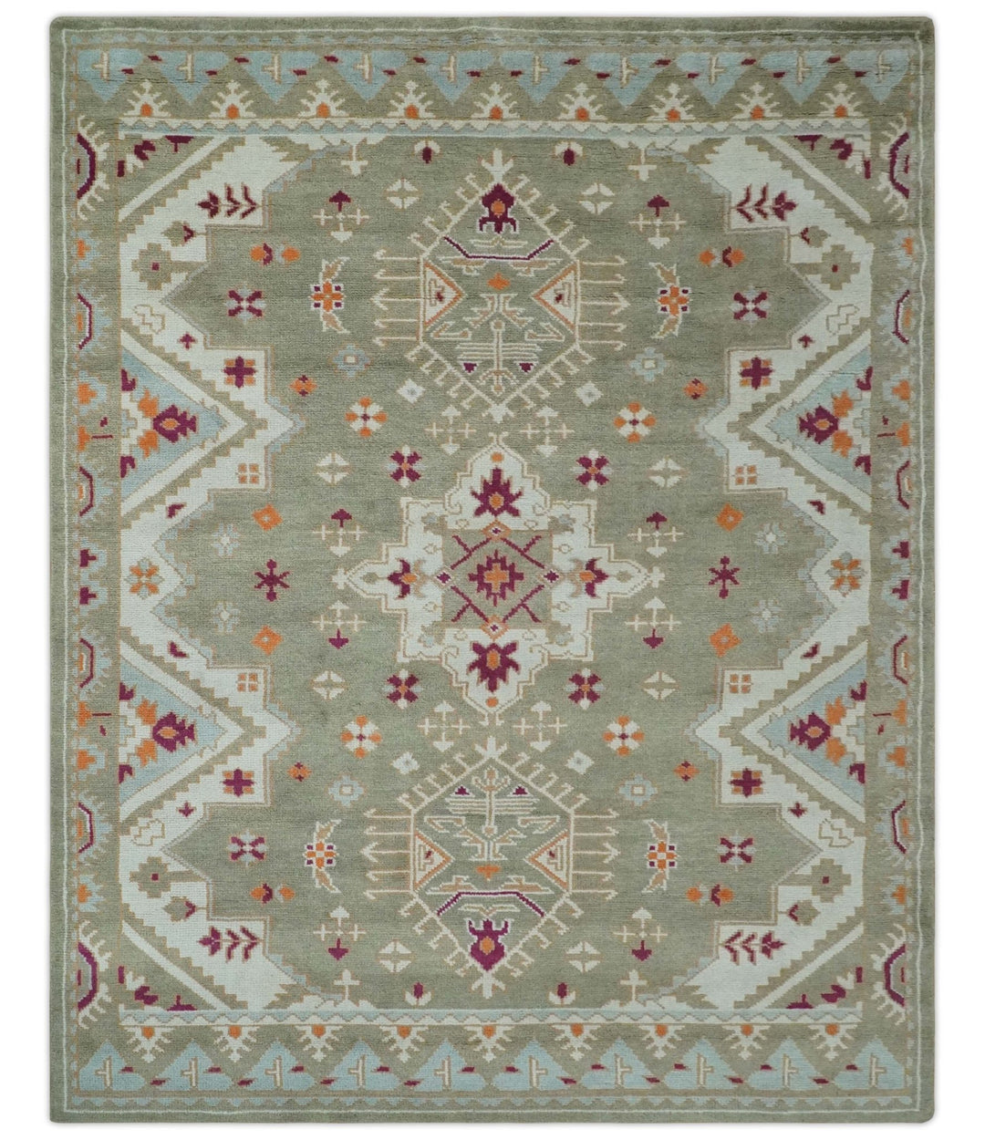 Light Green, Ivory and Maroon Traditional Hand knotted Custom Made wool Area Rug - The Rug Decor