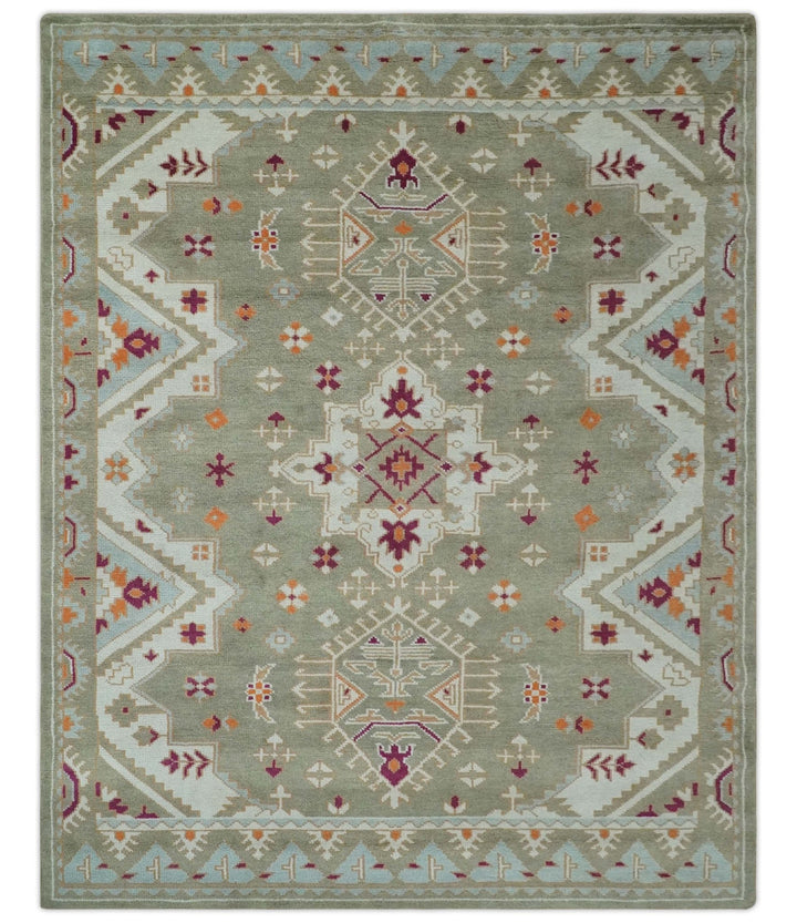 Light Green, Ivory and Maroon Traditional Hand knotted Custom Made wool Area Rug - The Rug Decor