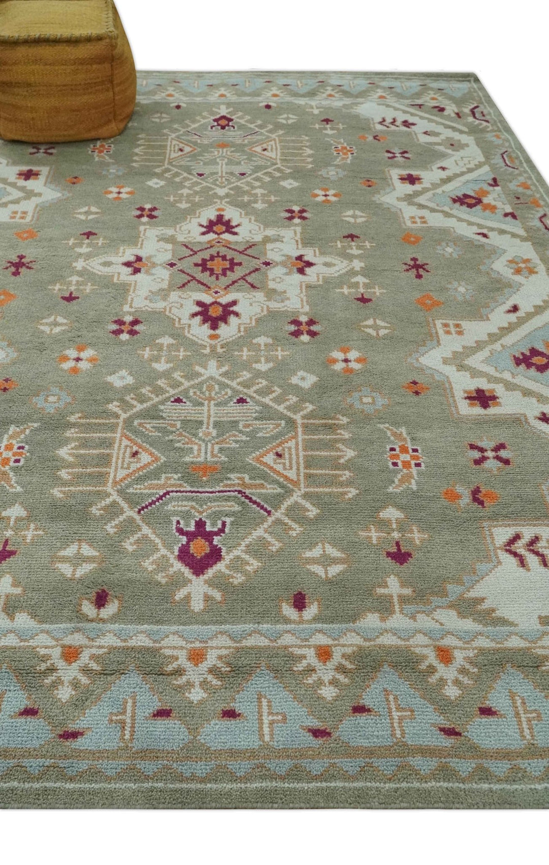 Light Green, Ivory and Maroon Traditional Hand knotted Custom Made wool Area Rug - The Rug Decor