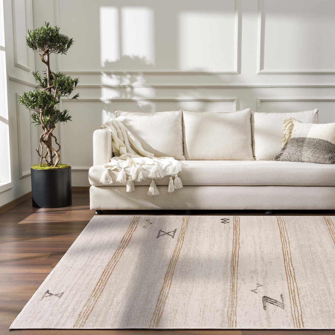 Light Peach, Gold and Charcoal Contemporary Tribal design Area Rug - The Rug Decor