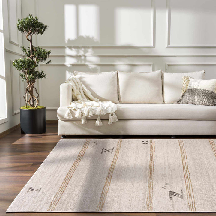 Light Peach, Gold and Charcoal Contemporary Tribal design Area Rug - The Rug Decor