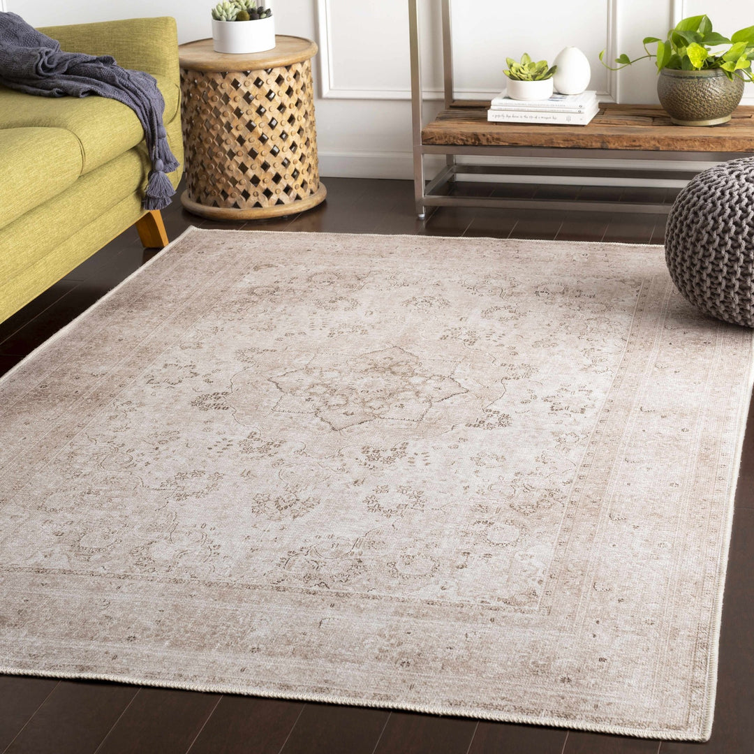 light Pink and Charcoal Traditional Medallion washable Turkish design rug - The Rug Decor